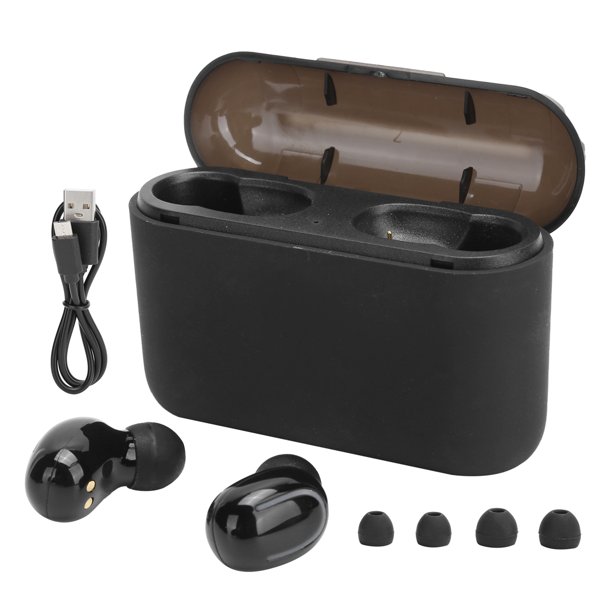 Schwarze kabellose Ohrhörer mit Ladecase, Ladekabel und zusätzlichen Ohrstöpseln.