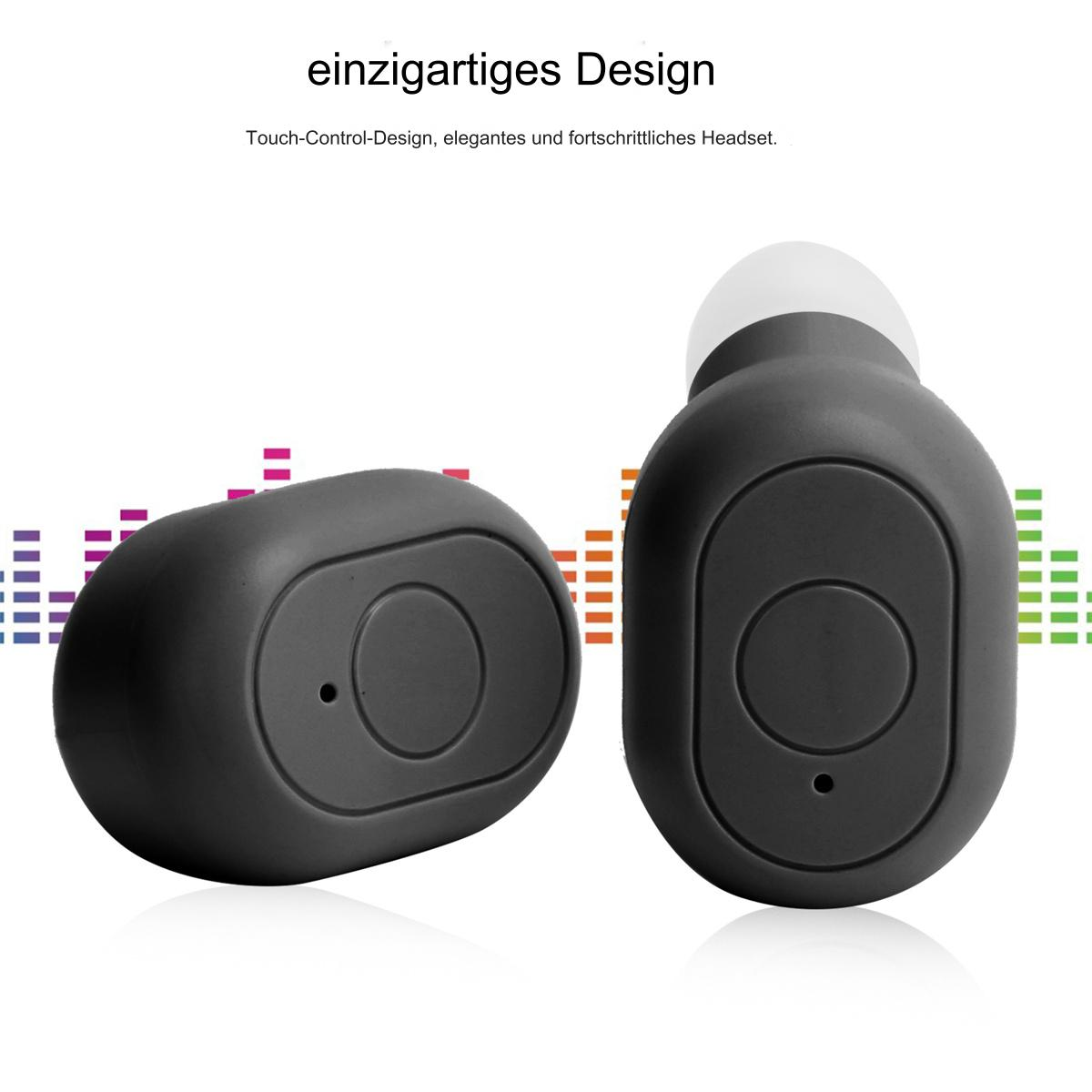 Schwarze kabellose Ohrhörer. Der Text "einzigartiges Design" steht darüber.