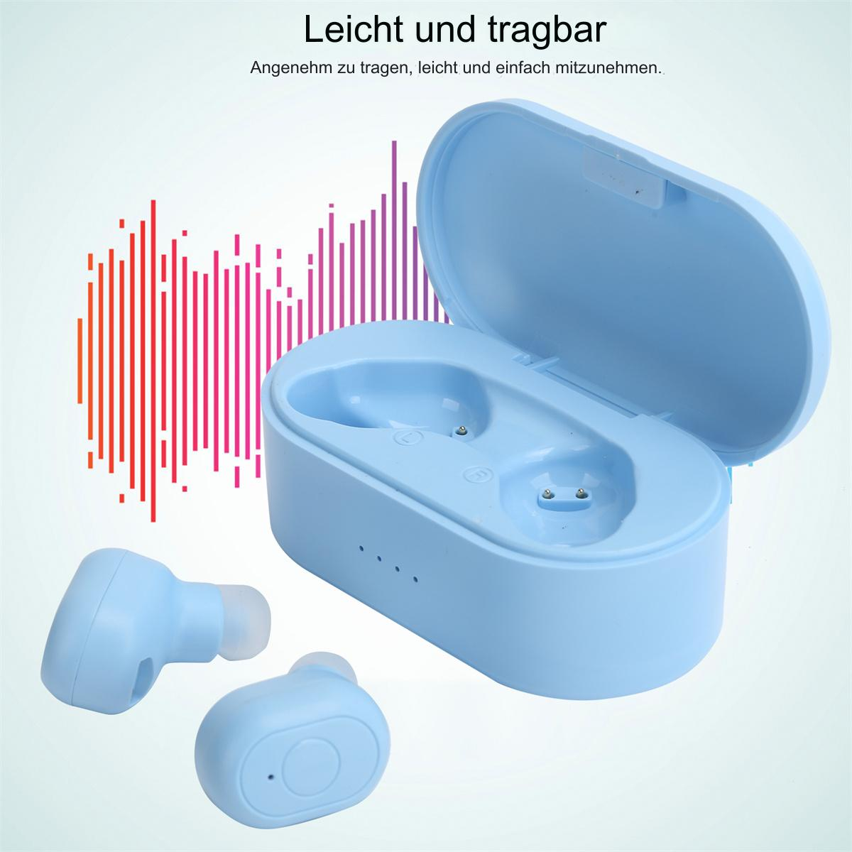 Blaue Ohrhörer und Ladecase. Eine Grafik mit Schallwellen, hellblauer Hintergrund.