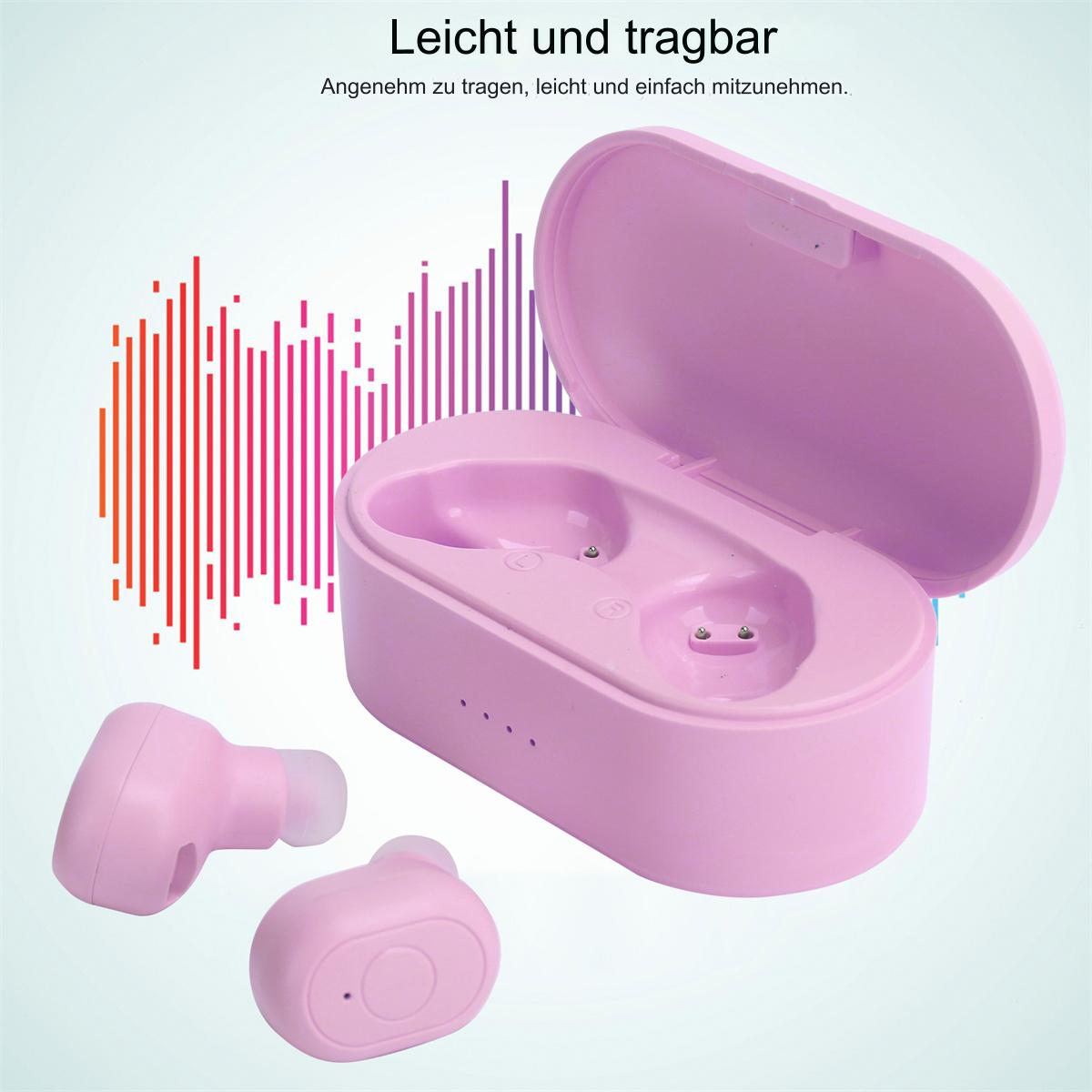Rosa kabellose Ohrhörer und ein Ladecase mit rosa Deckel.
