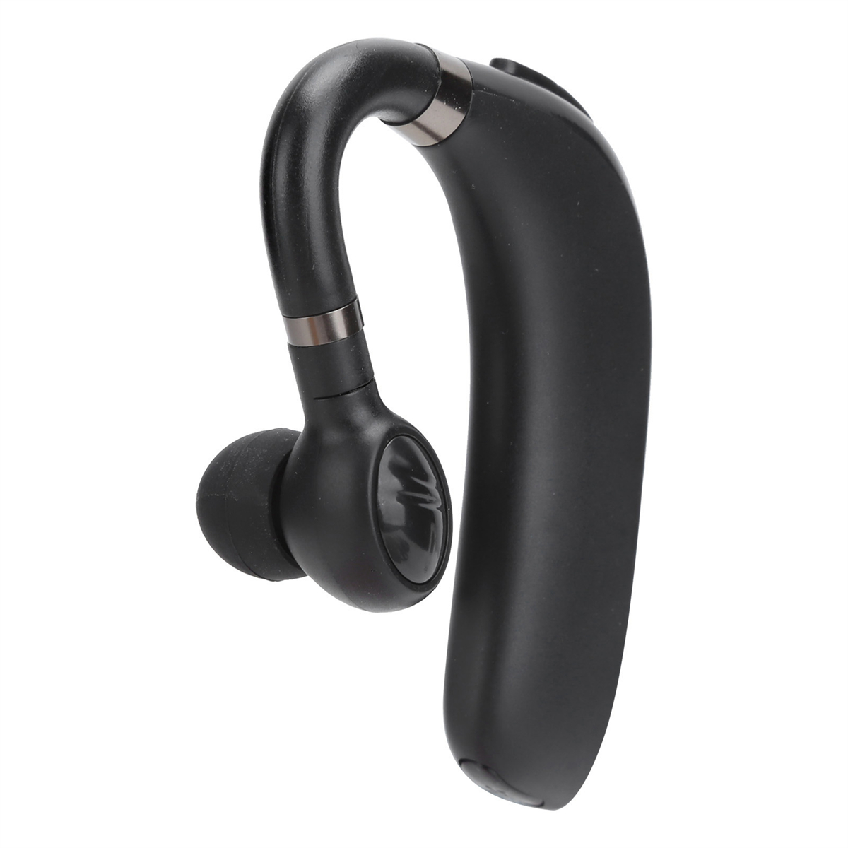 Schwarzes drahtloses Bluetooth-Headset, geschwungenes Design, auf weißem Hintergrund.