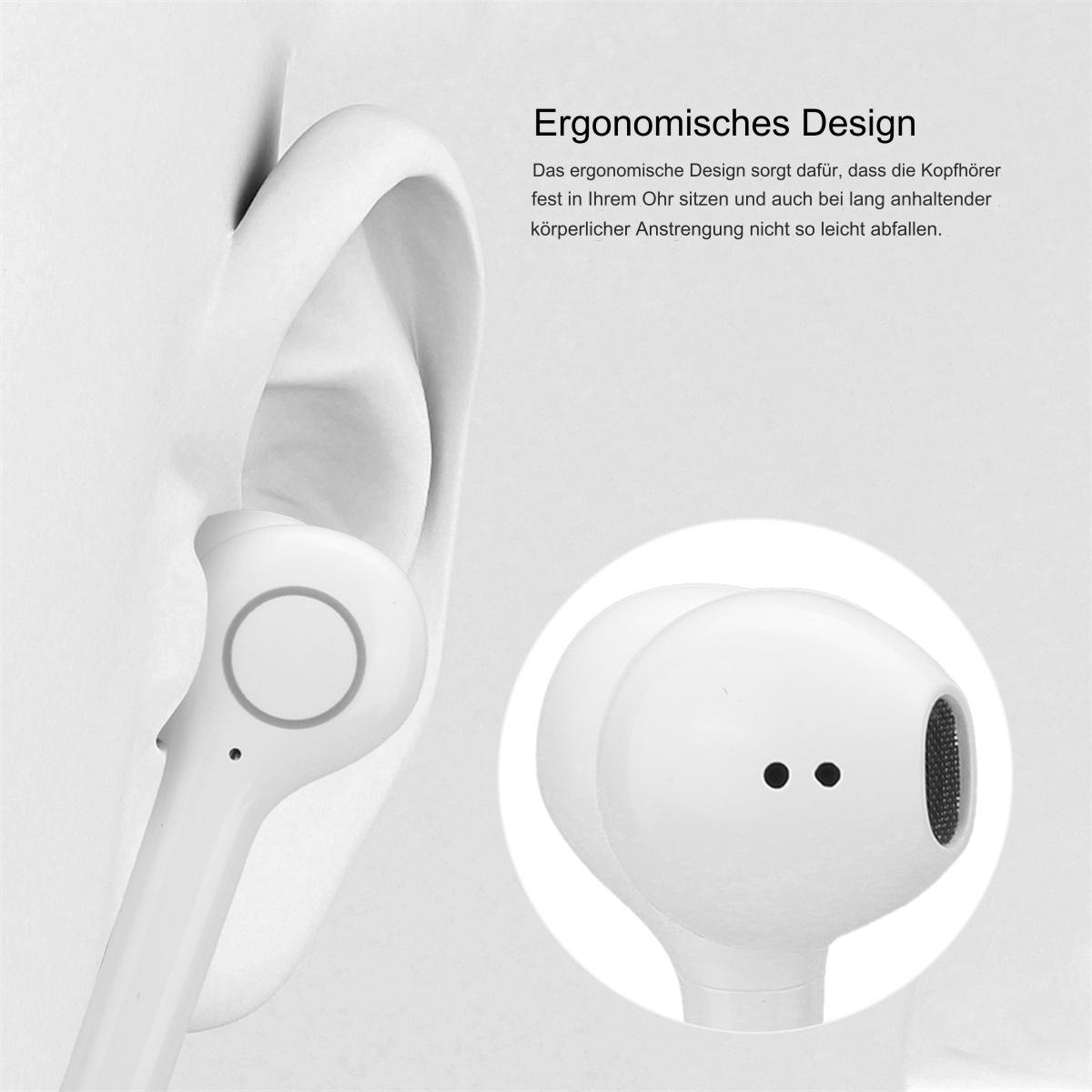 Nahaufnahme eines weißen Ohrhörers. Ein zweiter Ohrhörer wird gezeigt. Text sagt ergonomisches Design.
