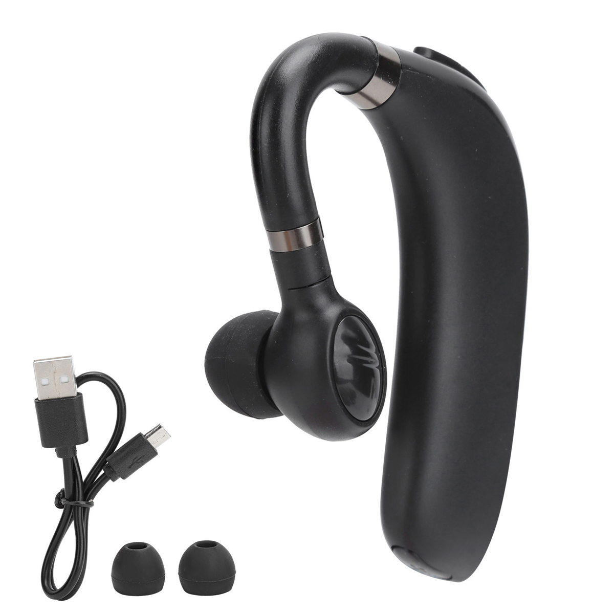 Ein schwarzes Bluetooth-Headset mit USB-Ladekabel und zusätzlichen Ohrstöpseln auf weißem Hintergrund.