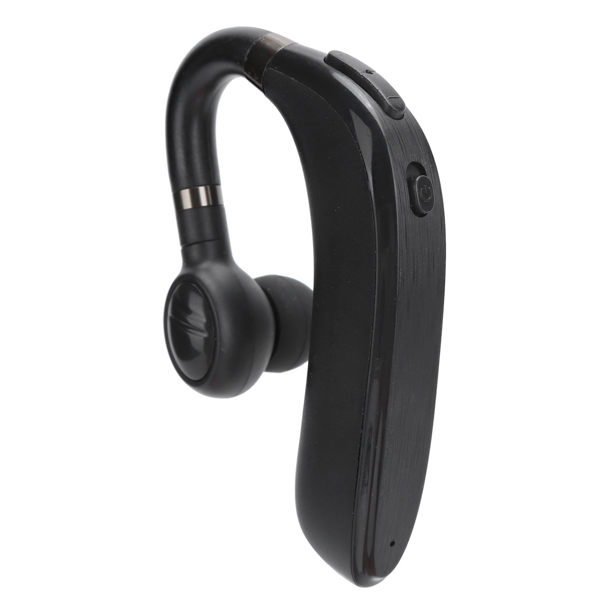 Schwarzes Bluetooth-Headset. Das Headset umschlingt das Ohr. Weißer Hintergrund.