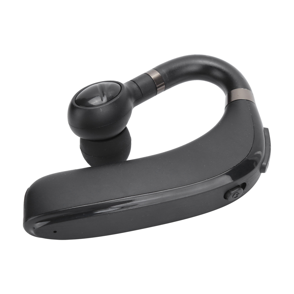 Ein schwarzes Bluetooth-Headset, geschwungenes Design, mit einem kleinen Knopf, auf weißem Hintergrund.