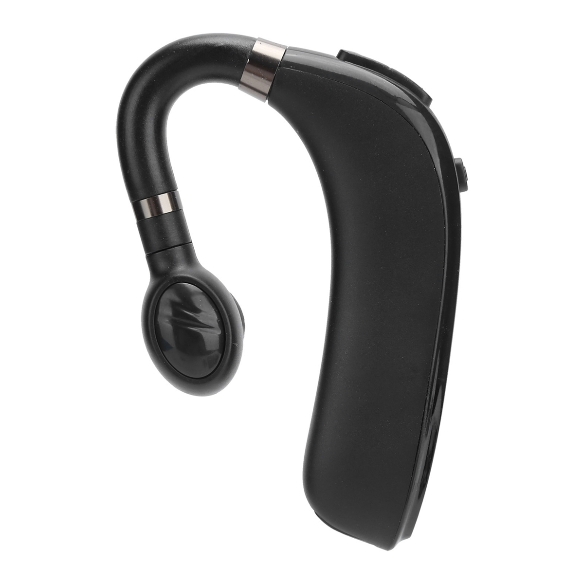 Schwarzes Bluetooth-Headset. Gebogenes Design mit Lautsprecher und Knopf. Weißer Hintergrund.