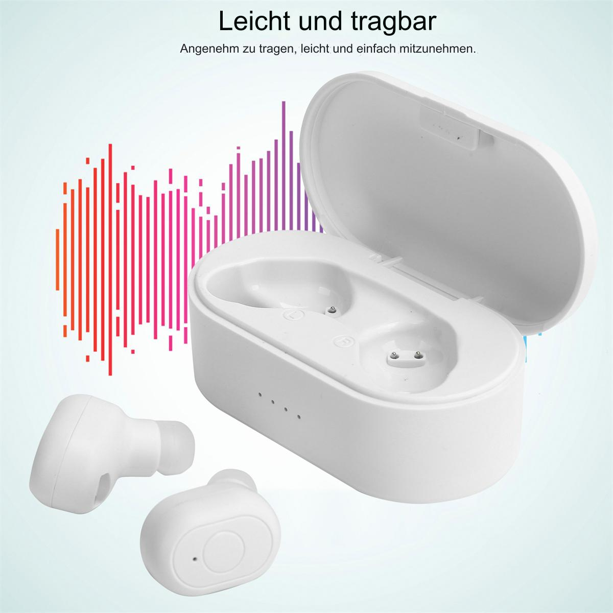 Weiße Ohrhörer und Gehäuse. Offenes Gehäuse zeigt Innenraum. Bunte Grafik. Text: Leicht und tragbar, einfach mitzunehmen.