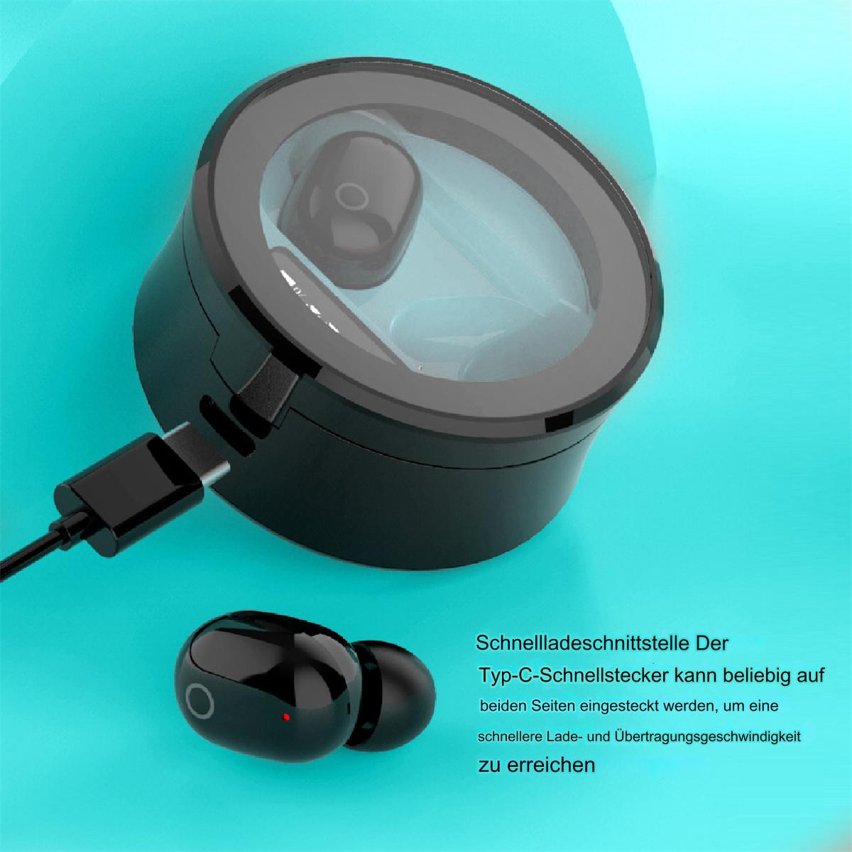 Schwarze kabellose Ohrhörer in einem Ladecase mit einem Ladekabel.