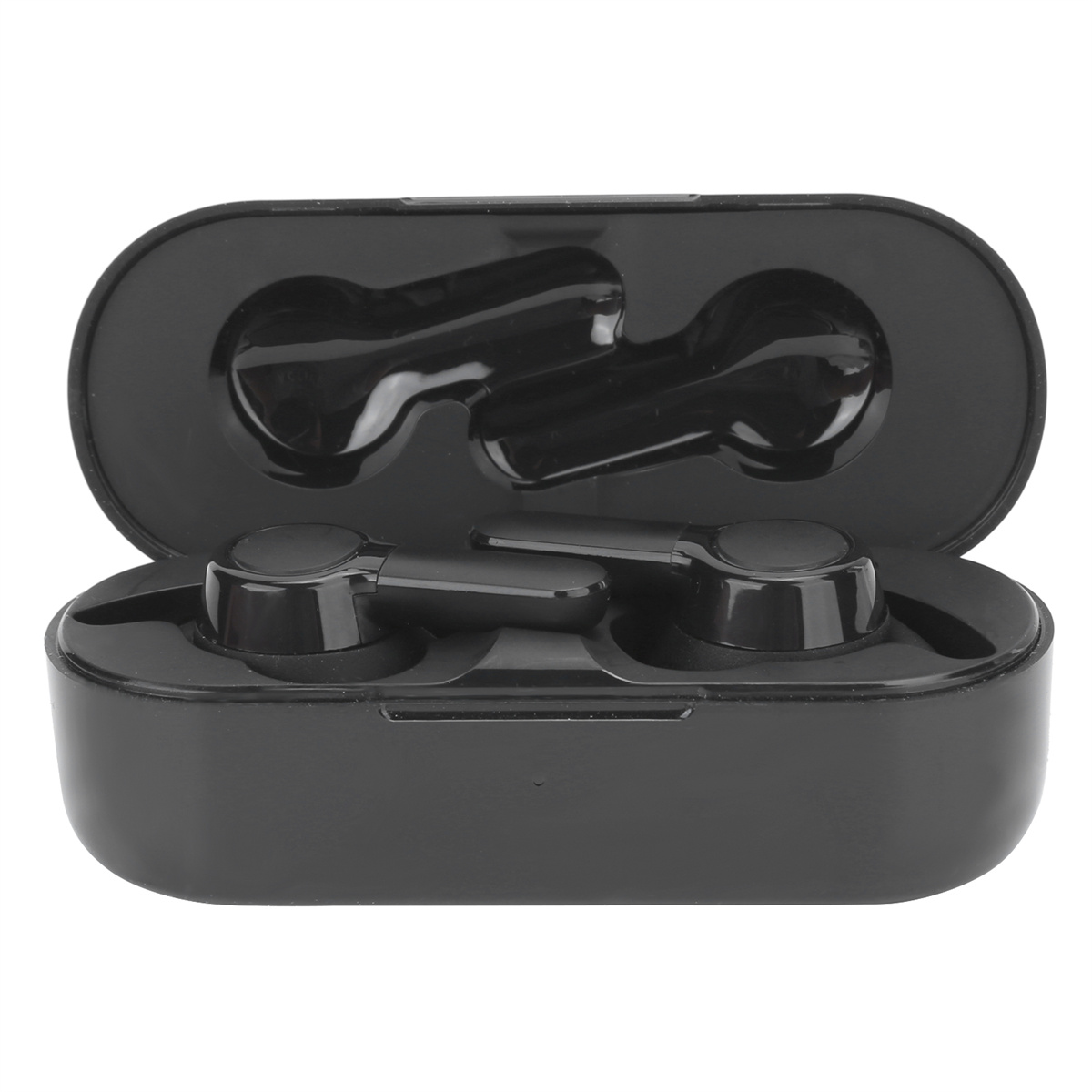 Schwarze Ohrhörer in einem schwarzen Etui. Das Etui ist geöffnet und zeigt die Ohrhörer.