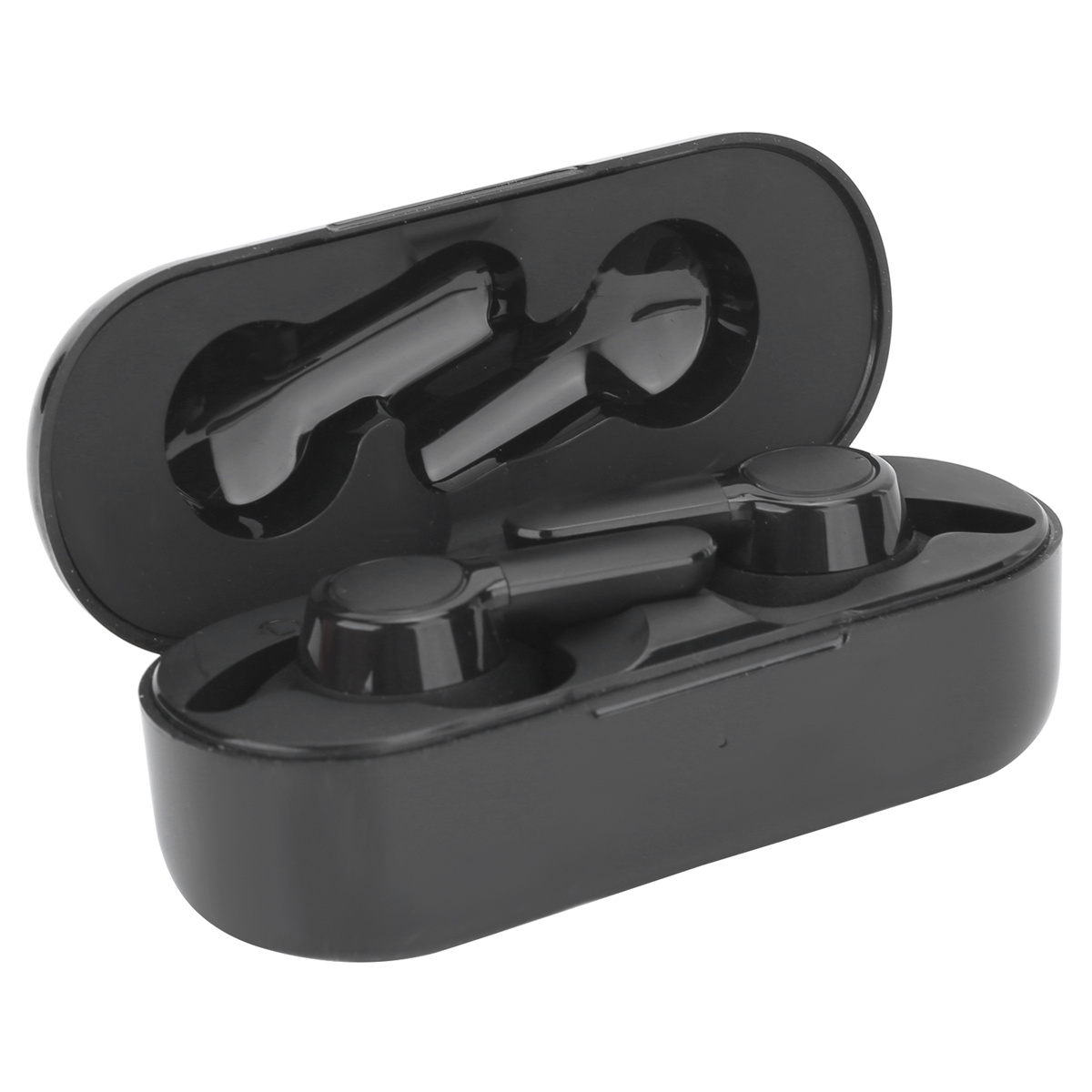 Schwarzes Ohrhörer-Etui mit zwei kabellosen Ohrhörern. Gehäuse ist offen, Ohrhörer sind sichtbar.