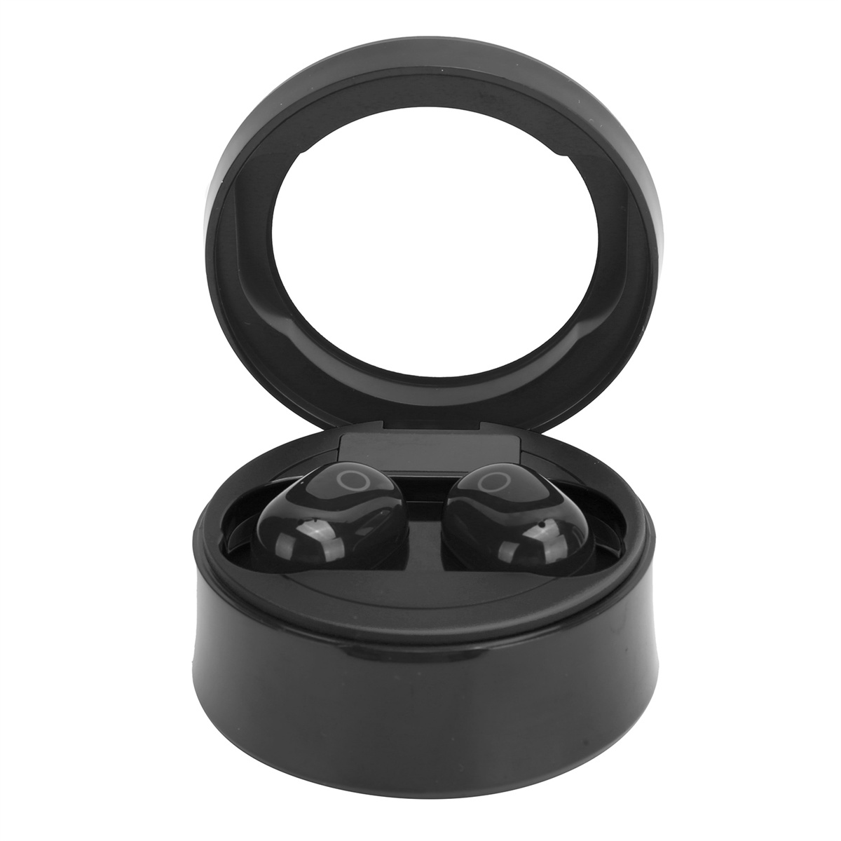 Schwarze kabellose Ohrhörer in einem schwarzen Ladecase mit rundem Design.