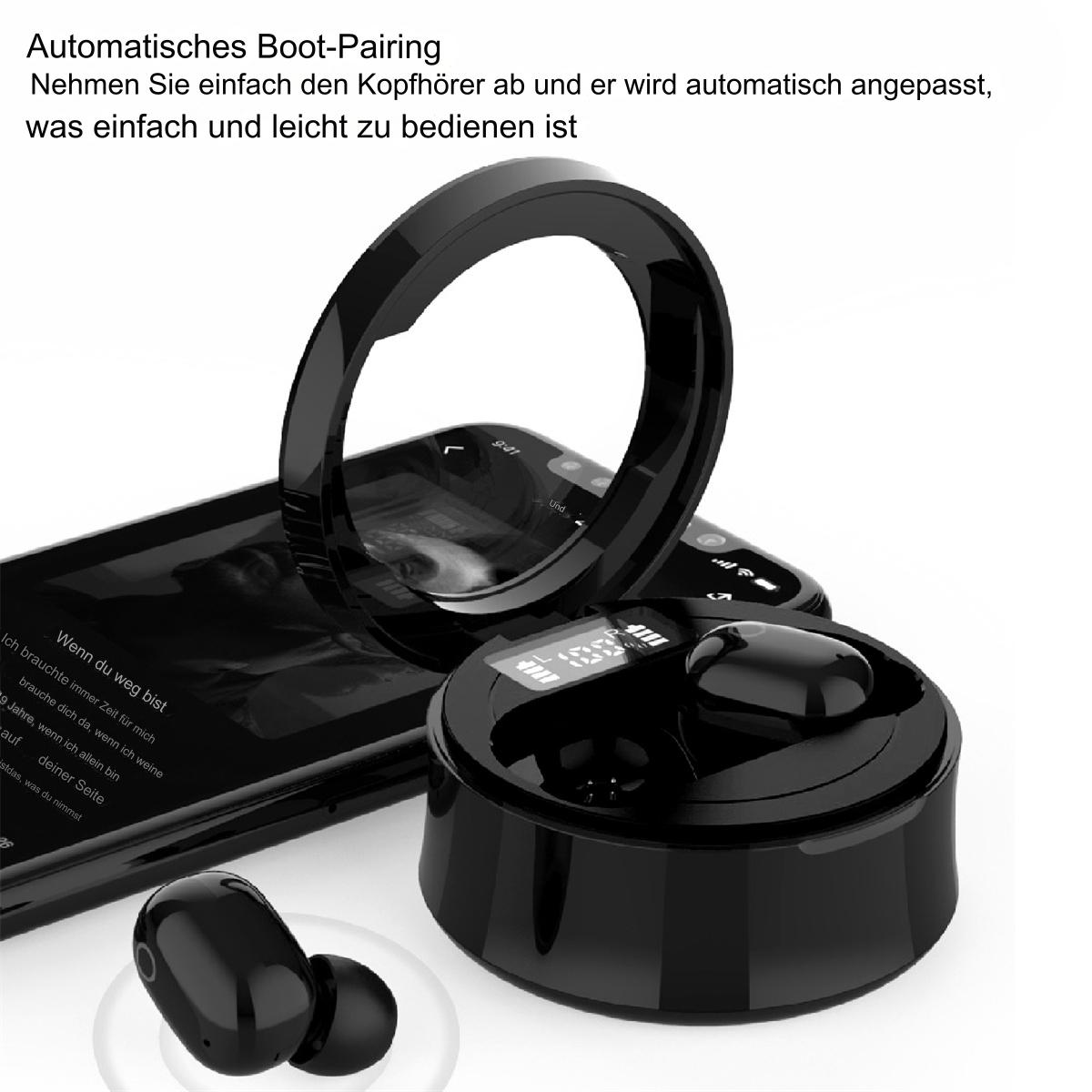 Schwarzes Ohrhörer-Ladeetui mit Display. Schwarze Ohrhörer und ein Telefon sind vorhanden.