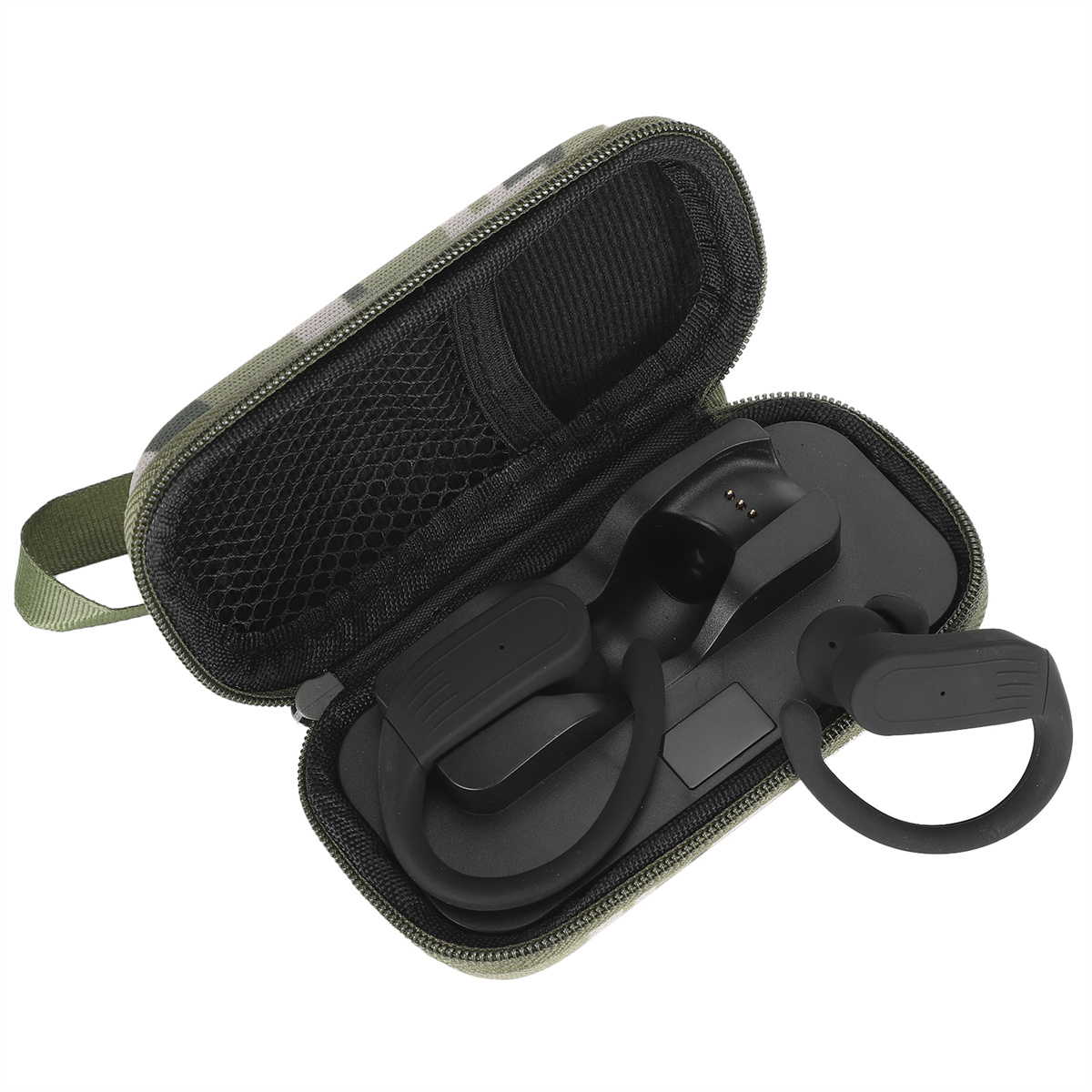 Ohrhörer in einem Etui werden auf weißem Grund gezeigt.