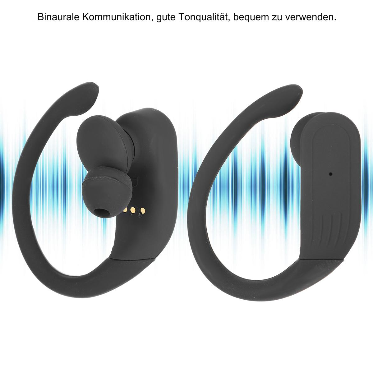 Zwei schwarze Bluetooth-Ohrhörer mit Ohrhaken. Die Ohrhörer sind schwarz, mit einem gebogenen Haken-Design für die Ohren.