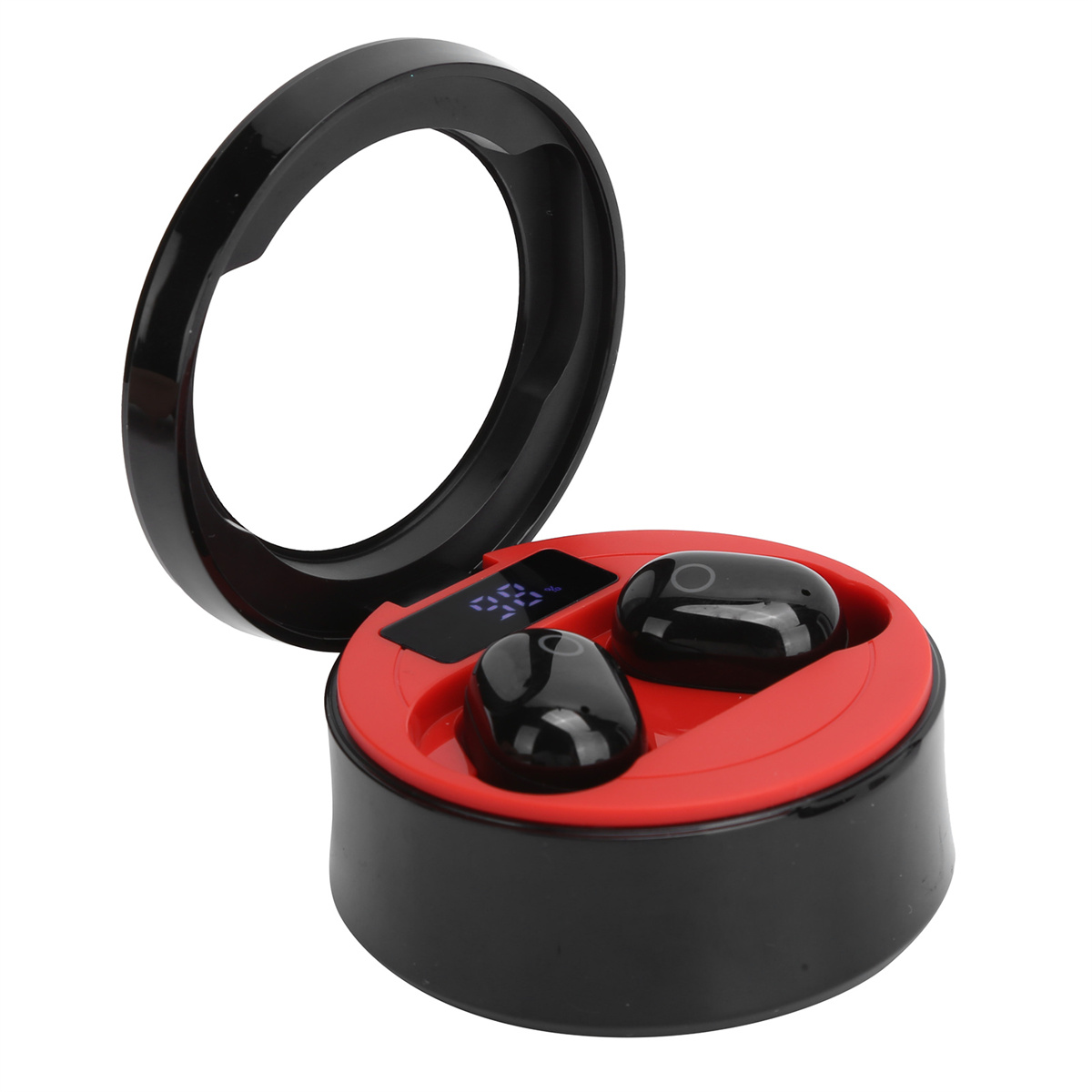 Schwarze kabellose Ohrhörer in einer schwarz-roten Ladebox. Die Box ist geöffnet und zeigt ein Display.
