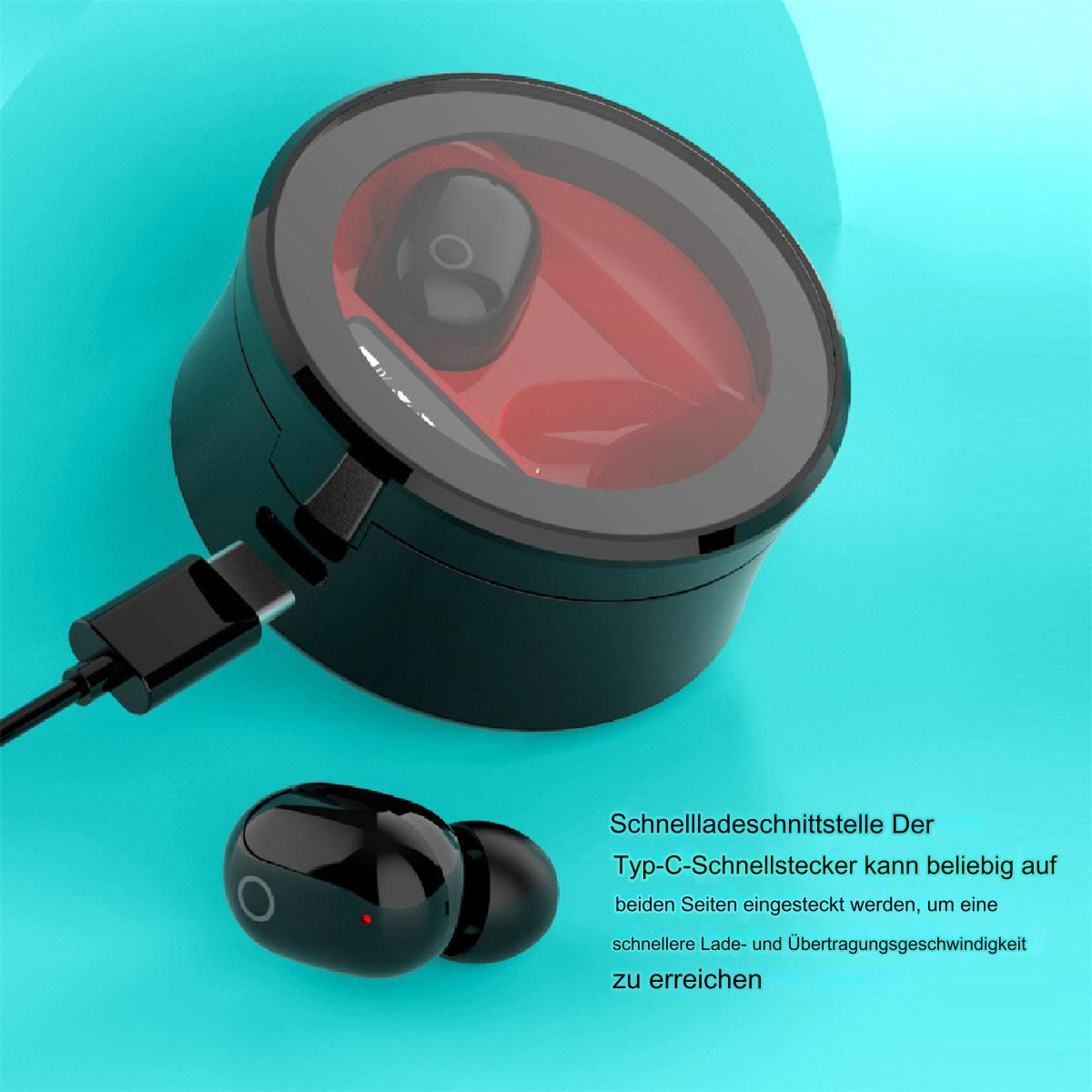 Ein schwarzes Ladecase mit rotem Innenraum und einem schwarzen Ohrhörer wird gezeigt. Ein Ladekabel ist angeschlossen.