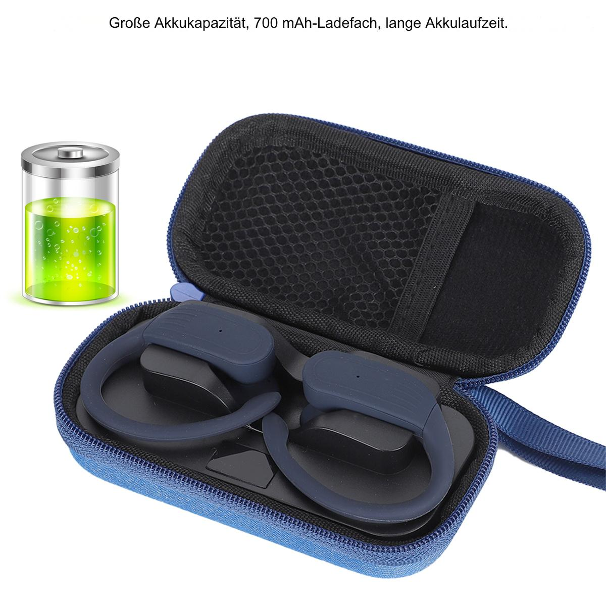 Blaue kabellose Ohrhörer in einem blauen Trageetui, neben einem Batteriesymbol dargestellt.