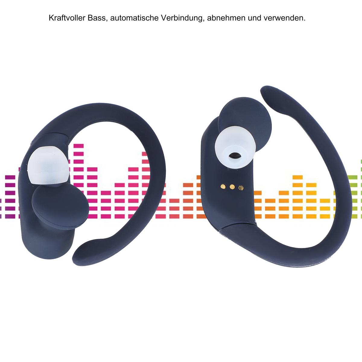 Zwei dunkle Ohrhörer. Bunte Grafik im Hintergrund. Text: Kraftvoller Bass, automatische Verbindung, abnehmen und verwenden.