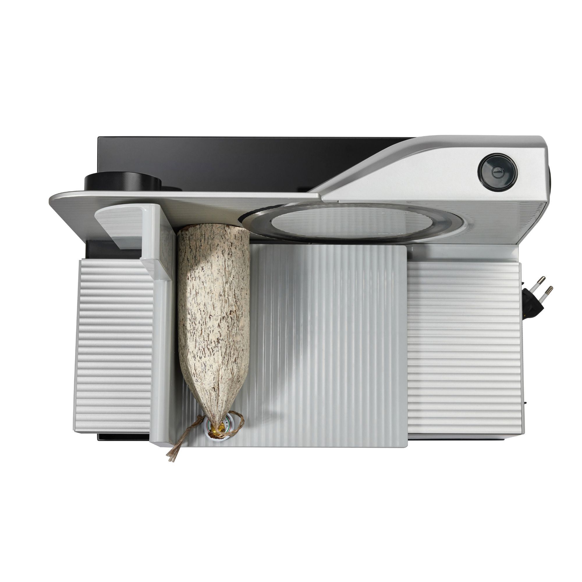 Silber-weiße Fleischschneidemaschine mit Wurst und schwarzem Netzkabel.
