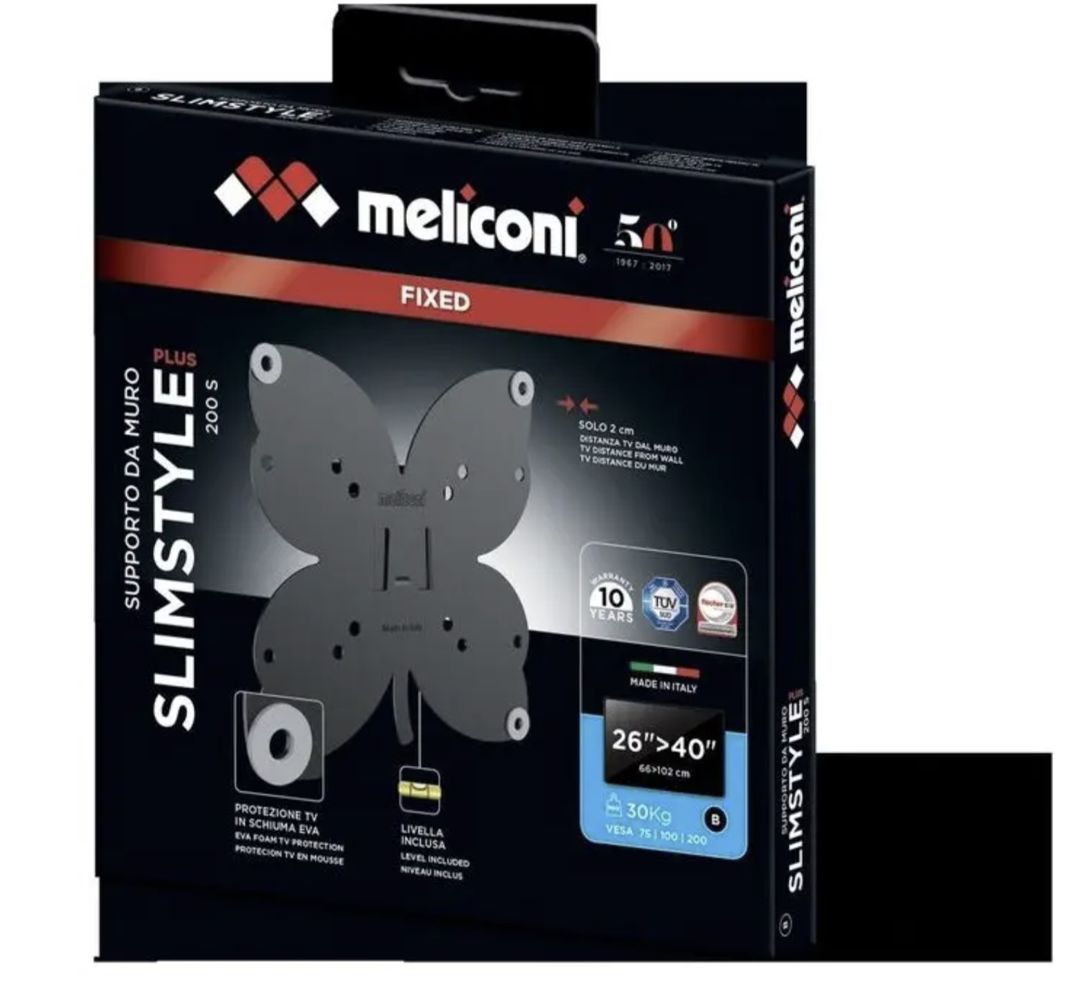 Supporto a parete TV Meliconi Slimstyle in una scatola.