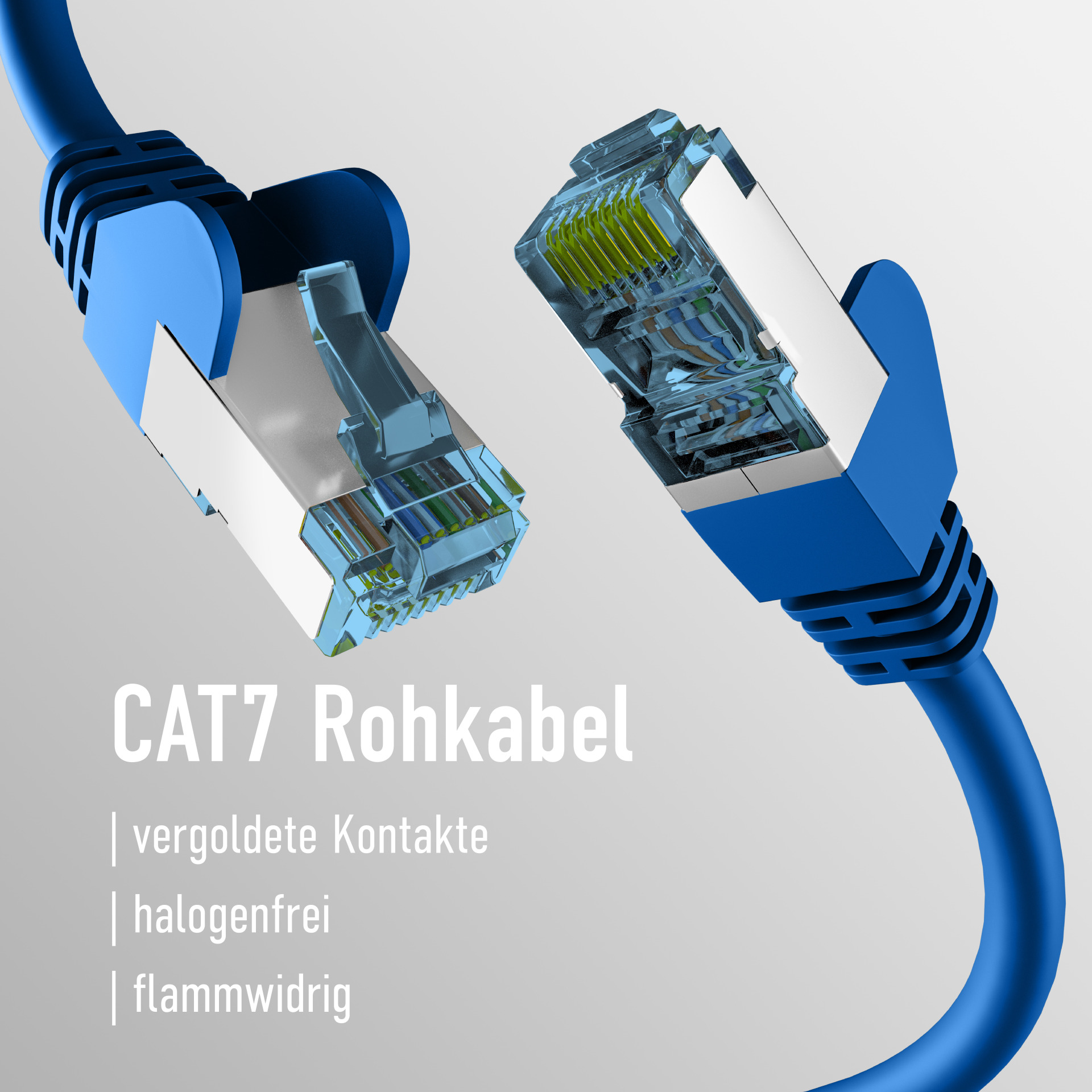 Blaue CAT7-Ethernet-Kabelanschlüsse. Einer offen, Stifte zeigend. Grauer Hintergrund.