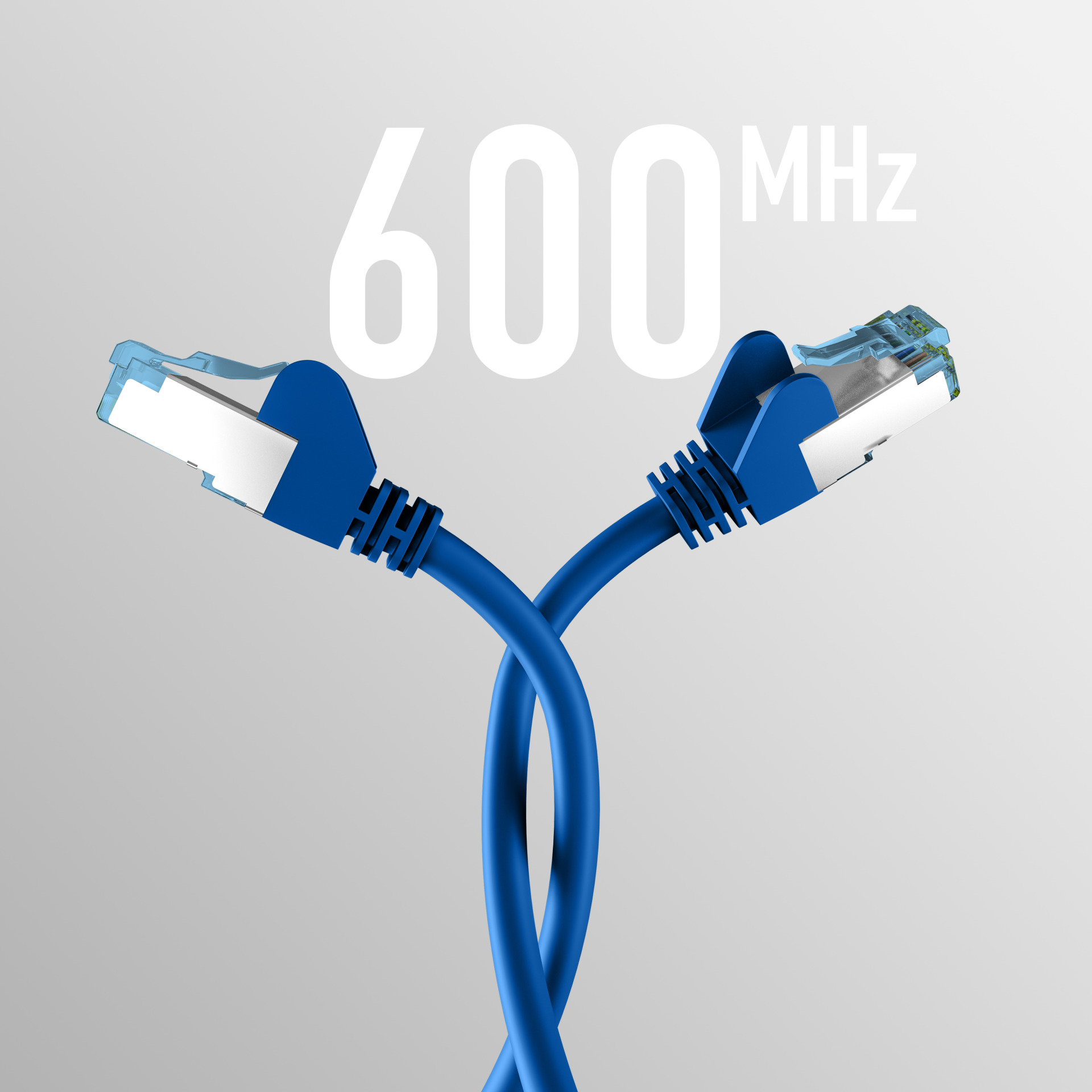 Zwei blaue Ethernet-Kabel mit weißen Enden und der Text "600 MHZ" in Weiß im Hintergrund.