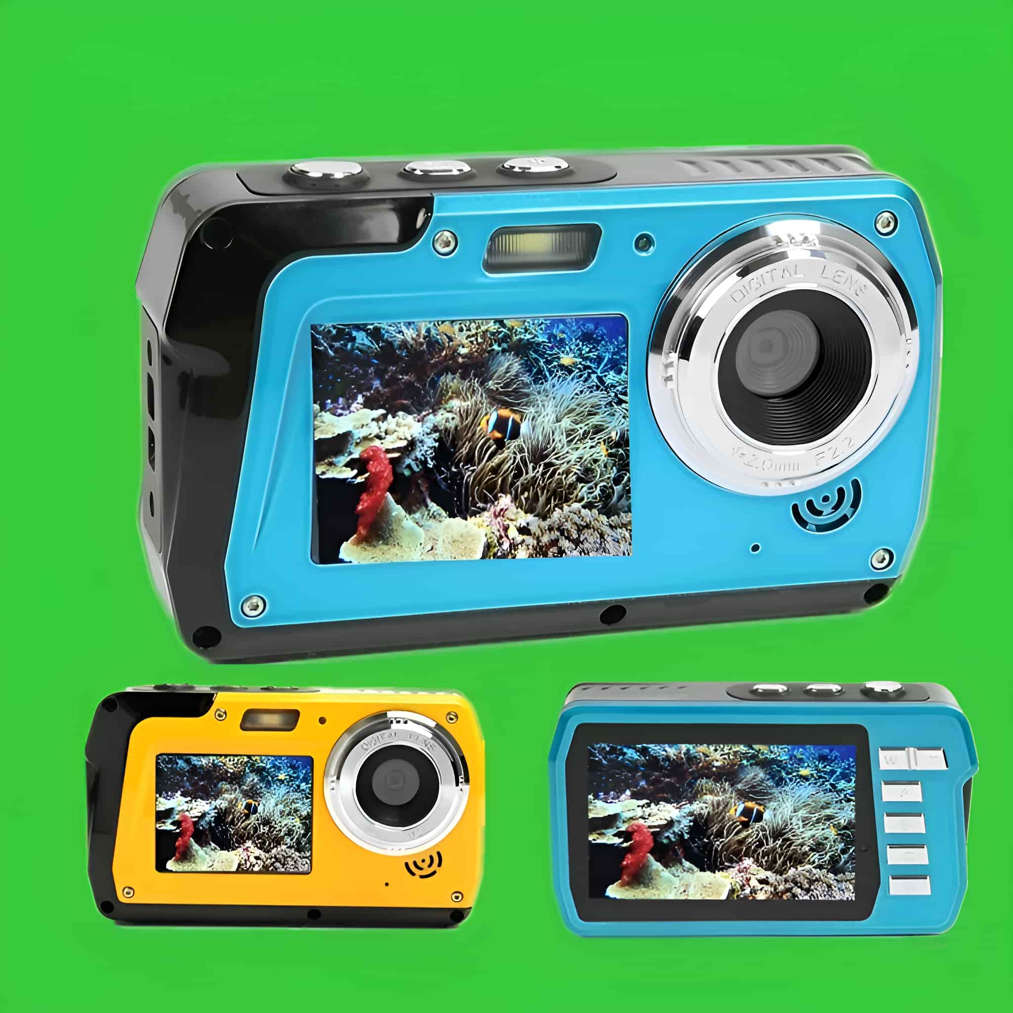 Drei wasserdichte Kameras, zwei gelb und blau, zeigen Unterwasserbilder.
