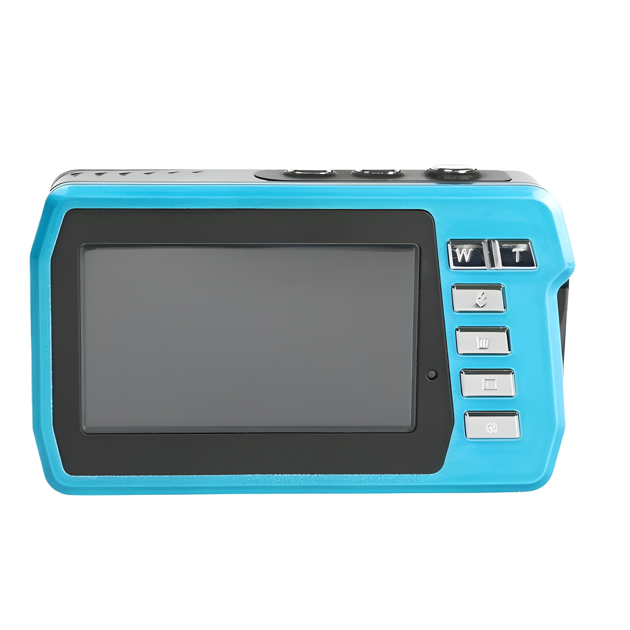 Eine blaue Digitalkamera mit schwarzem Bildschirm und weißen Knöpfen.