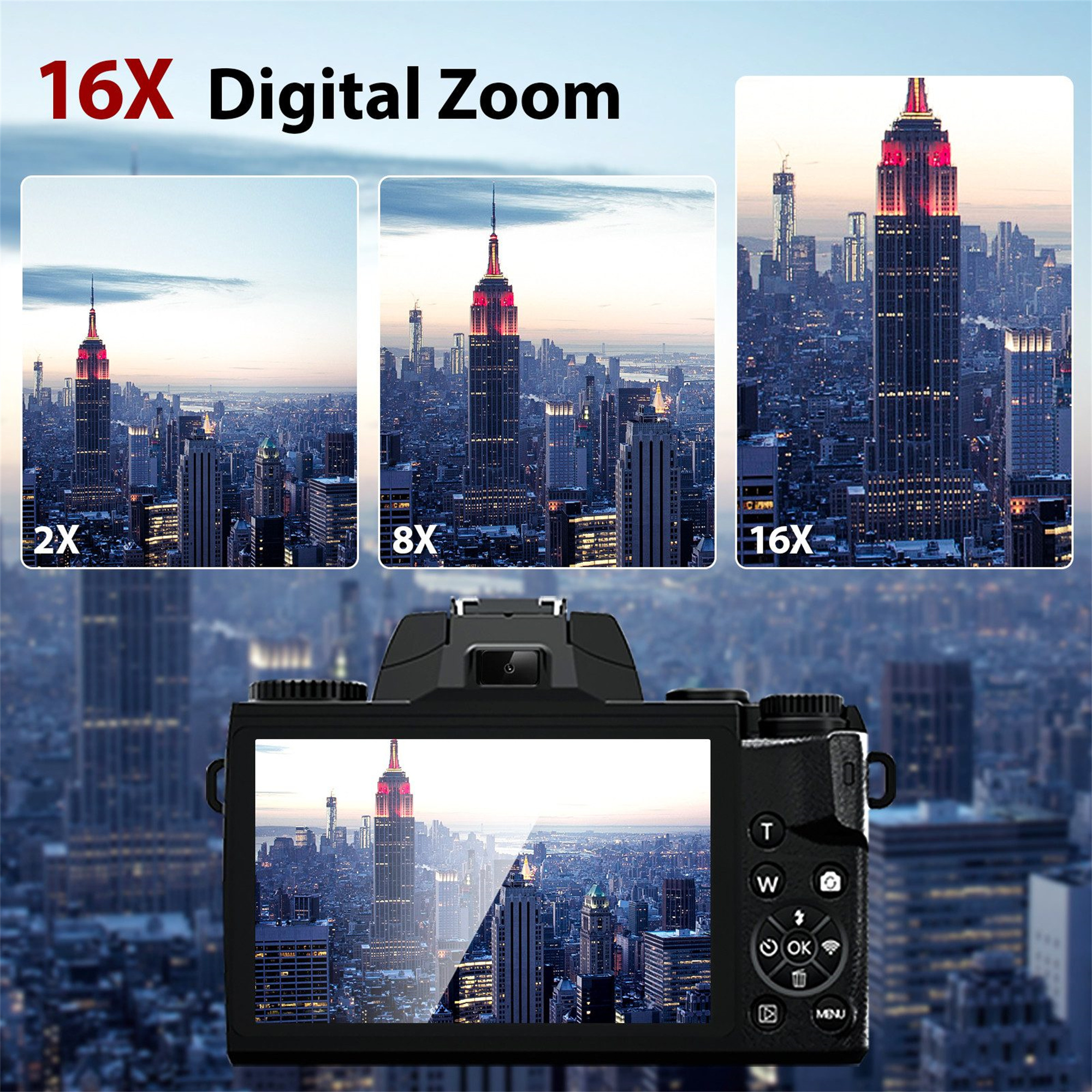 Eine Kamera zeigt gezoomte Bilder des Empire State Building mit Zoomstufen.