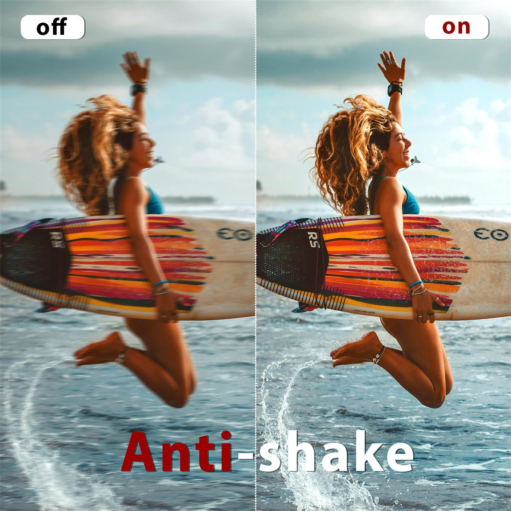Bildvergleich, der einen Surfer beim Springen auf einer Welle mit und ohne aktivierter Anti-Verwacklungs-Technologie zeigt.