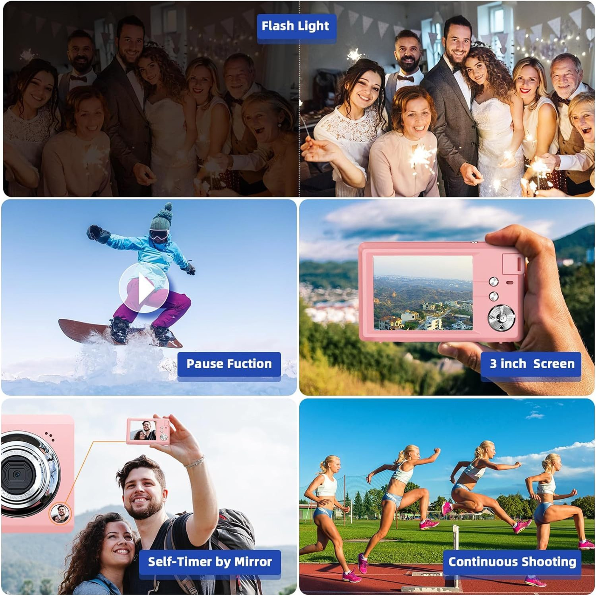 Collage von Fotos einer Gruppe von Personen, Snowboarder, Kamera und Läufern.