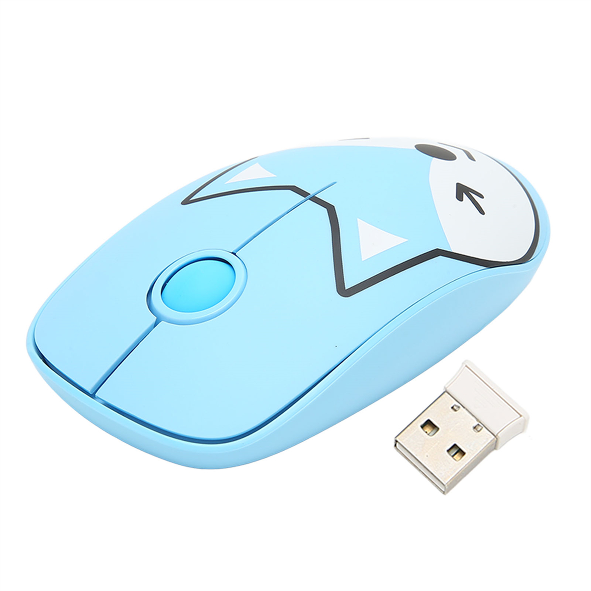 Hellblaue Cartoon-Maus mit USB-Empfänger. Sie hat ein Mausrad und zwei Tasten.