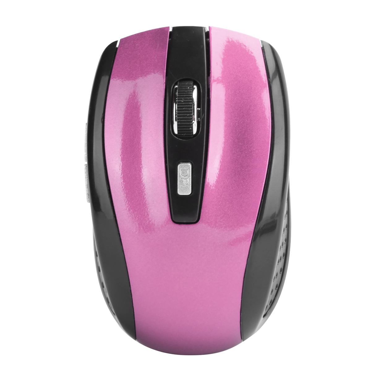 Eine pinke und schwarze Computermaus. Sie hat ein Scrollrad und eine DPI-Taste auf der Oberseite.