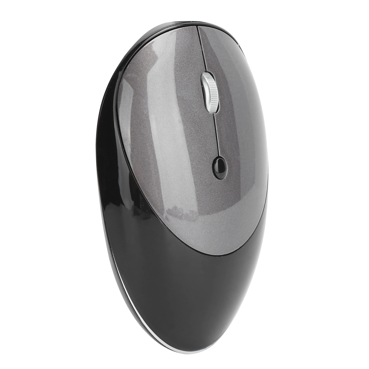 Ergonomische Computermaus, graue Oberseite mit schwarzem Sockel. Die Maus befindet sich auf weißem Hintergrund.