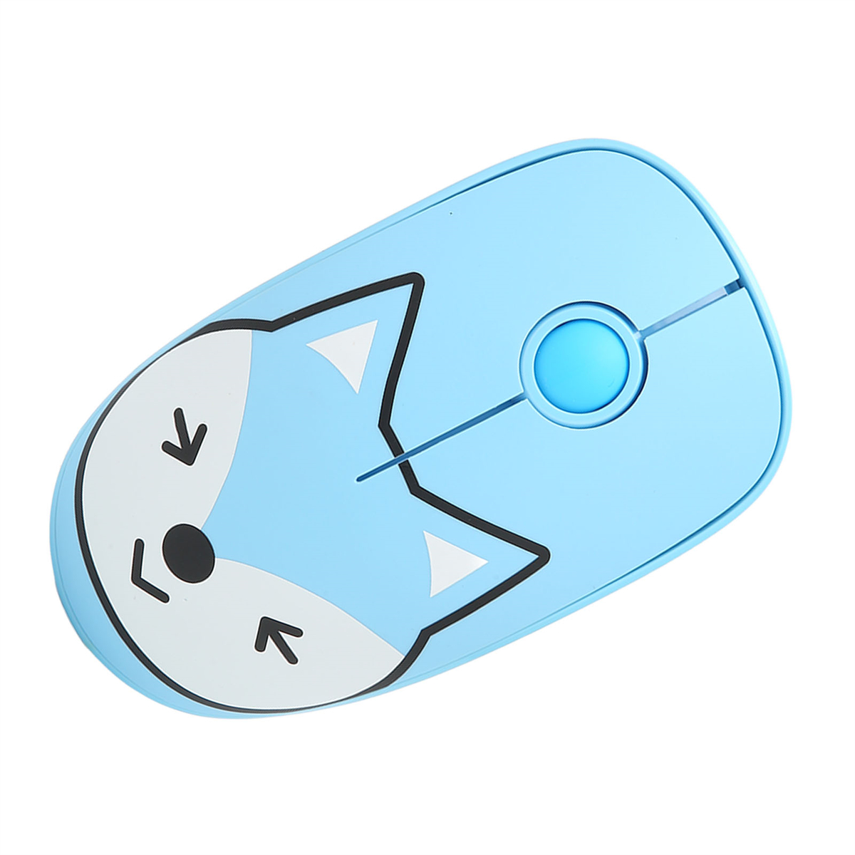 Blaue Maus mit Fuchsmotiv. Die Maus ist hellblau. Sie hat ein Scrollrad und ein Fuchgesicht.