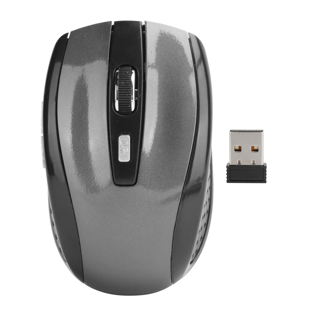 Eine graue und schwarze kabellose Maus und ein USB-Empfänger auf weißem Hintergrund. Die Maus hat ein Scrollrad.