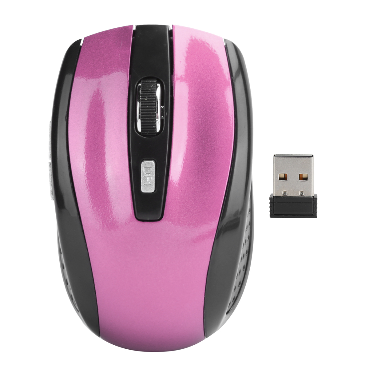 Rosa und schwarze Computermaus mit Scrollrad und USB-Empfänger.