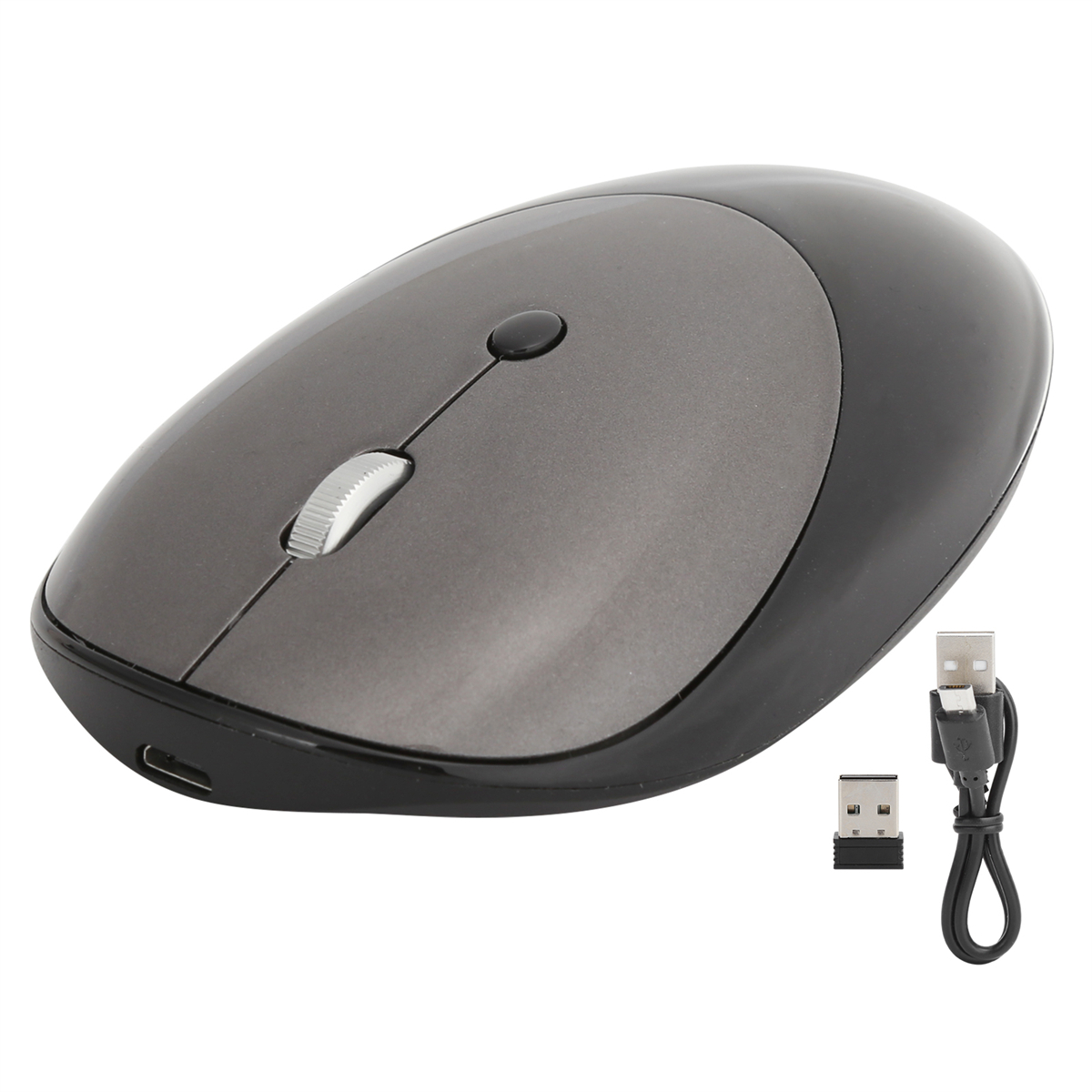 Eine drahtlose Computermaus in Schwarz und Grau mit USB-Empfänger und Kabel, vor weißem Hintergrund.