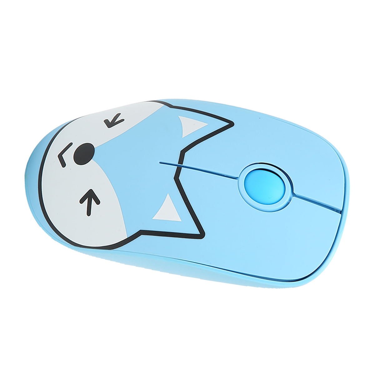 Eine blaue Maus mit einem Cartoon-Fuchsgesicht-Design. Die Maus hat ein Scrollrad und Tasten.
