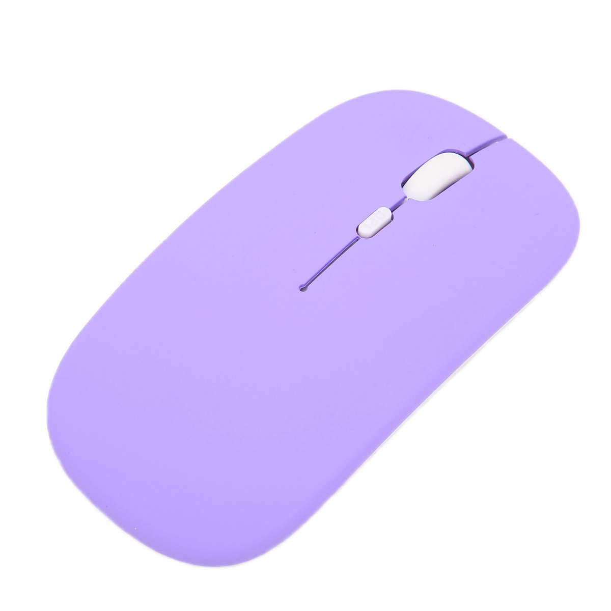 Eine lila Computermaus mit weißem Scrollrad. Die Maus hat ein schlichtes Design.