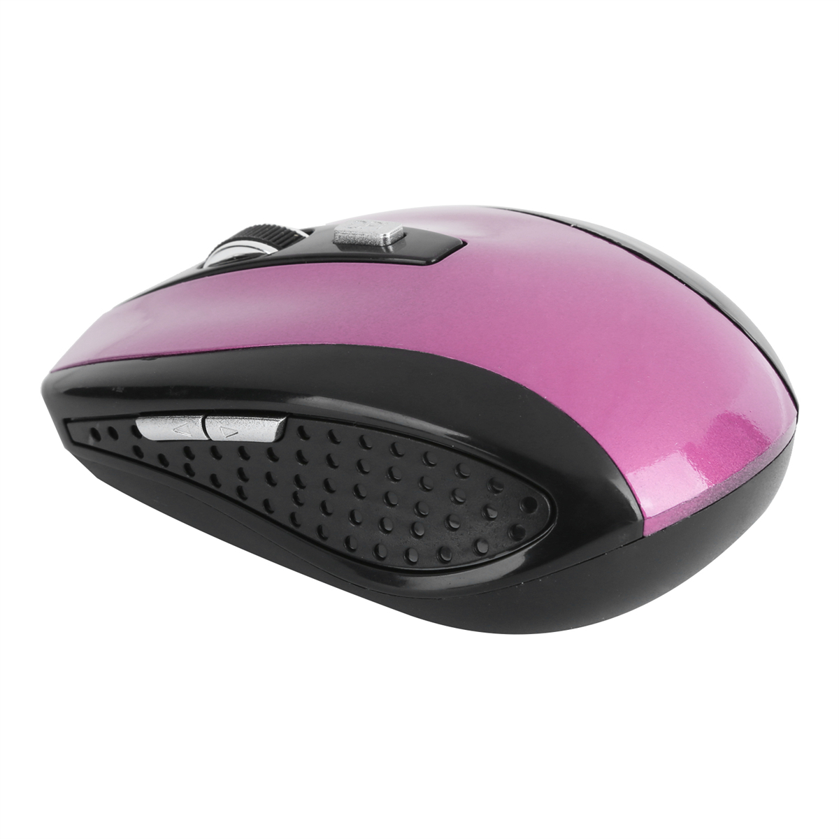 Eine pinkfarbene und schwarze Computermaus.