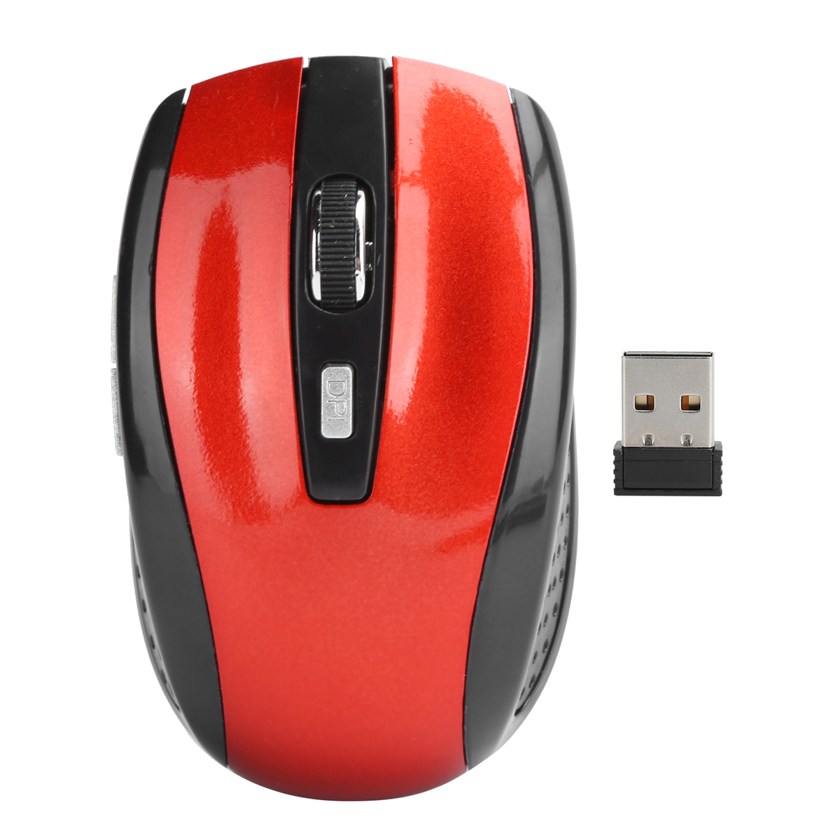 Eine rote und schwarze drahtlose Maus mit einem USB-Empfänger zur Seite, vor weißem Hintergrund.