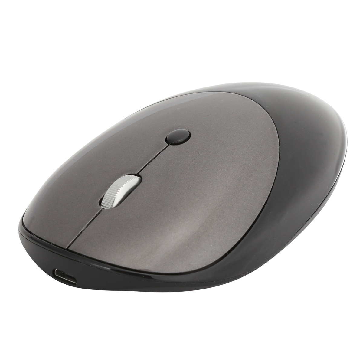 Eine graue und schwarze drahtlose Computermaus. Sie hat ein Scrollrad und eine kleine Taste.