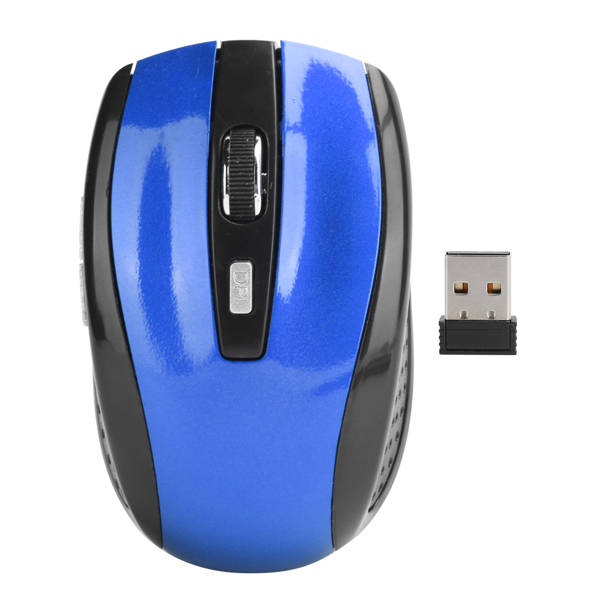 Eine blaue und schwarze kabellose Maus und ein USB-Empfänger werden gezeigt.