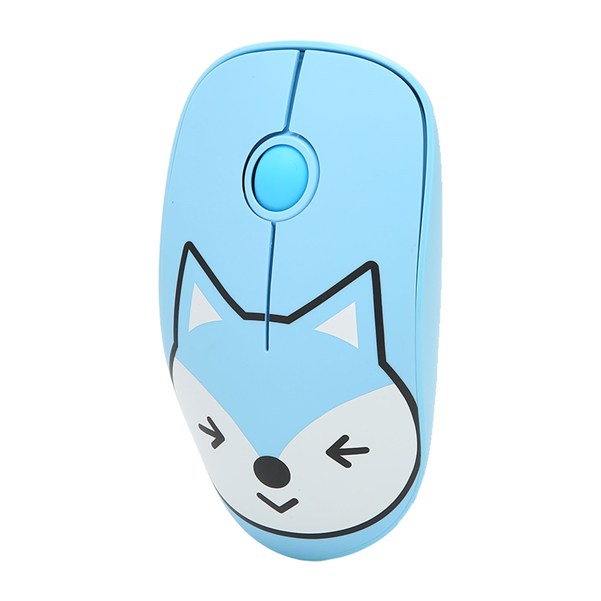 Blaue Maus mit Fuchskopf-Design. Weißer Hintergrund. Zwei Tasten und ein Scrollrad.
