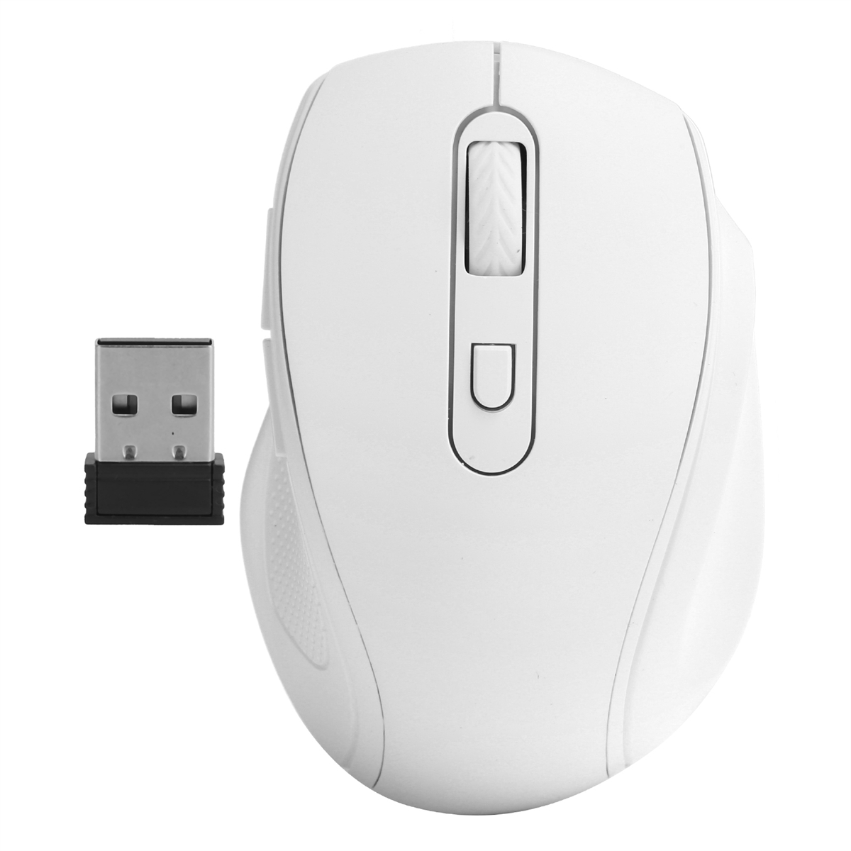 Eine weiße Computermaus mit USB-Empfänger. Die Maus hat ein Scrollrad und eine Taste.