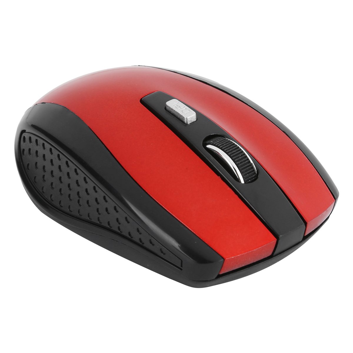 Eine rot-schwarze kabellose Maus mit einem Scrollrad.