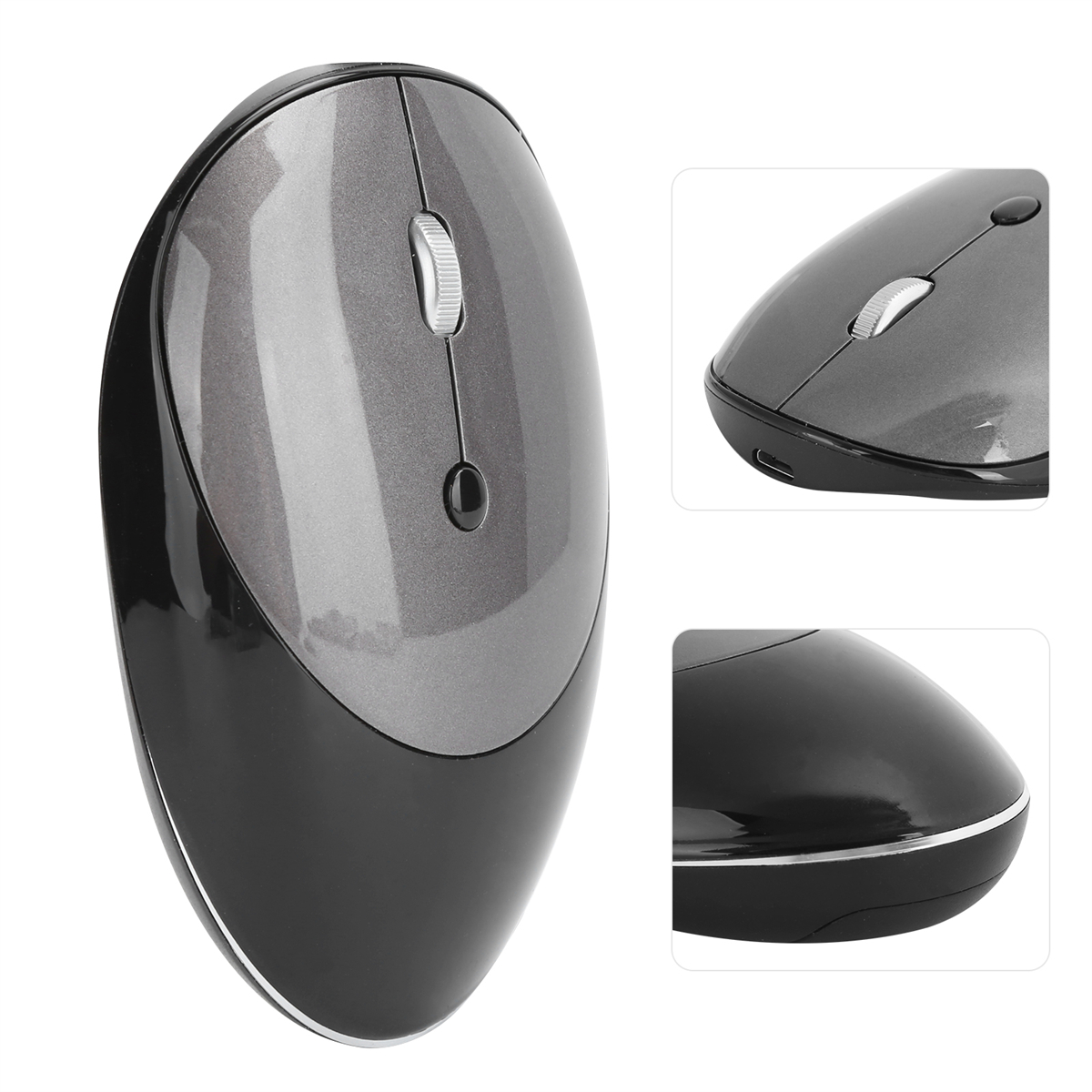 Grau-schwarze ergonomische Maus mit Scrollrad und Tasten auf weißem Hintergrund.
