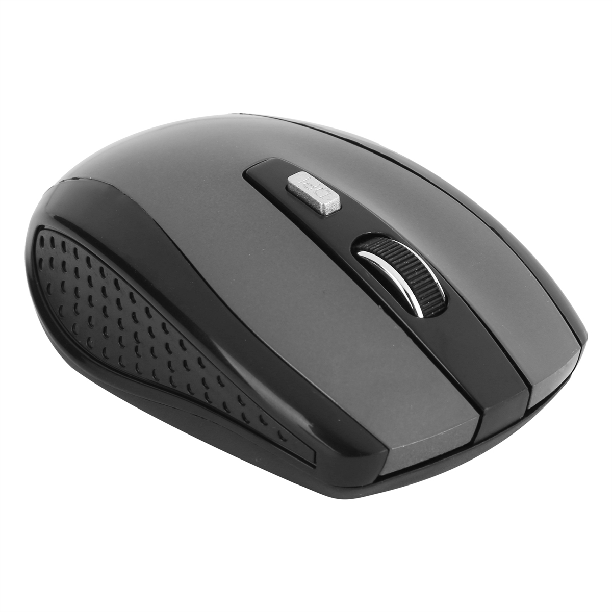Eine grau-schwarze kabellose Maus liegt auf einer weißen Oberfläche, mit einem Scrollrad.