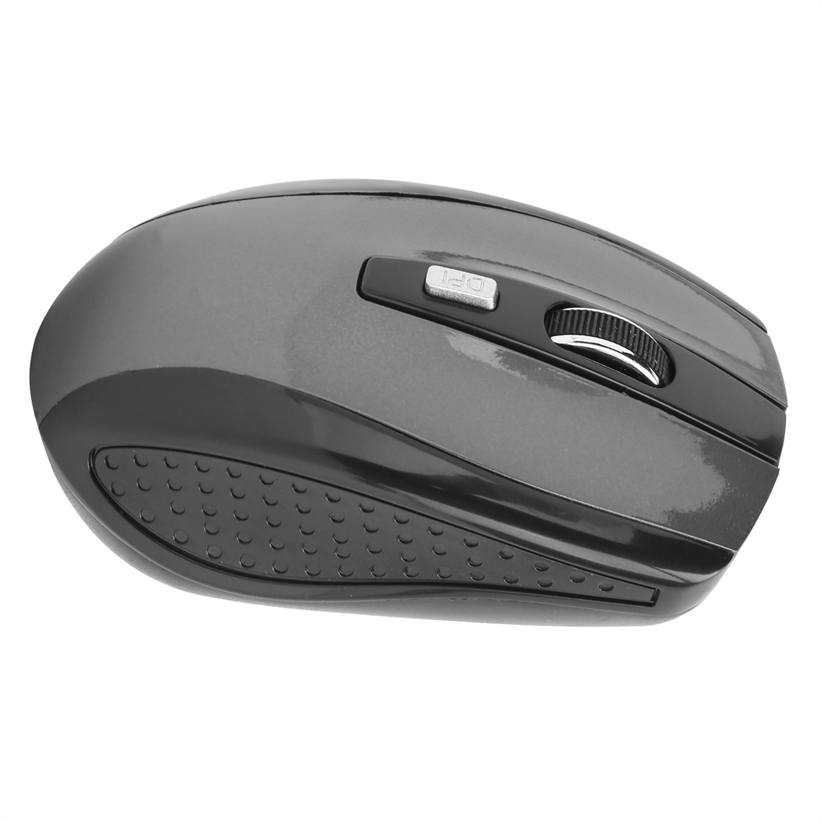 Eine graue Computermaus mit einem schwarzen Griff und einem silbernen Scrollrad. Die Oberseite ist glatt und grau.